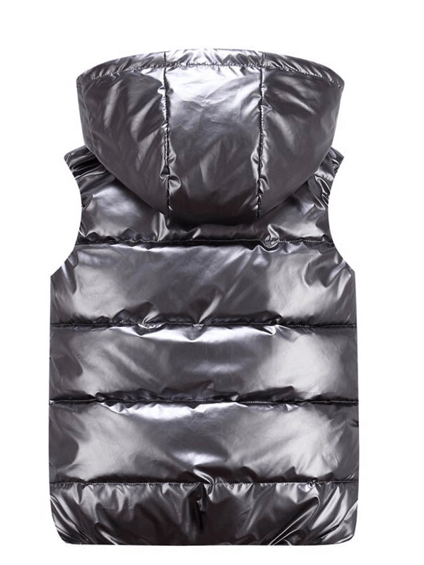 Women's shiny hooded vest in bright color, warm cotton insulation, zipper front, back view
